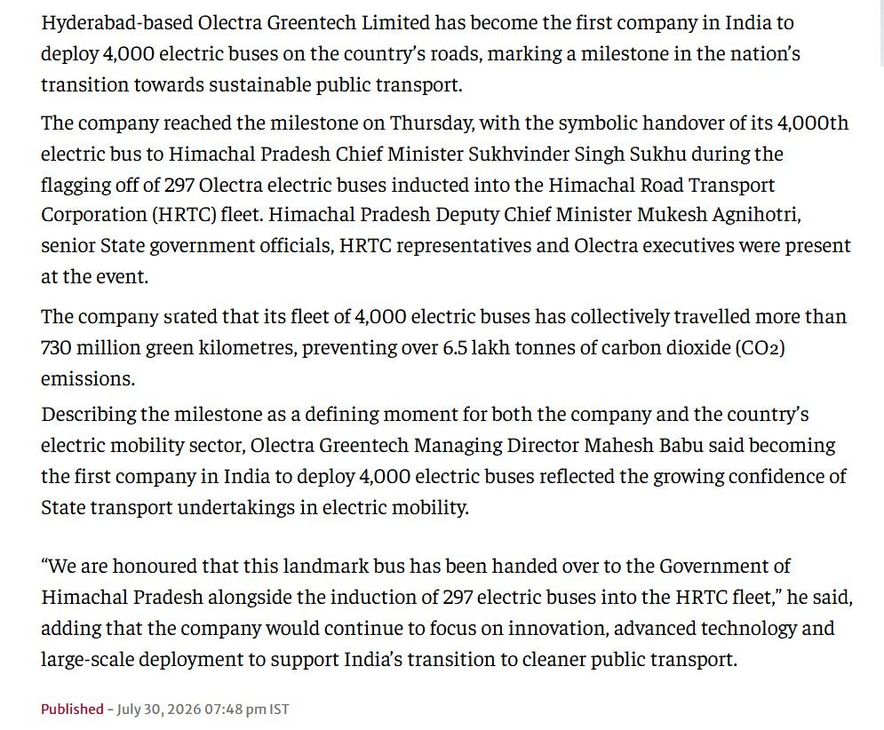 Hyderabad-based Olectra becomes first company in India to deploy 4,000 electric buses 