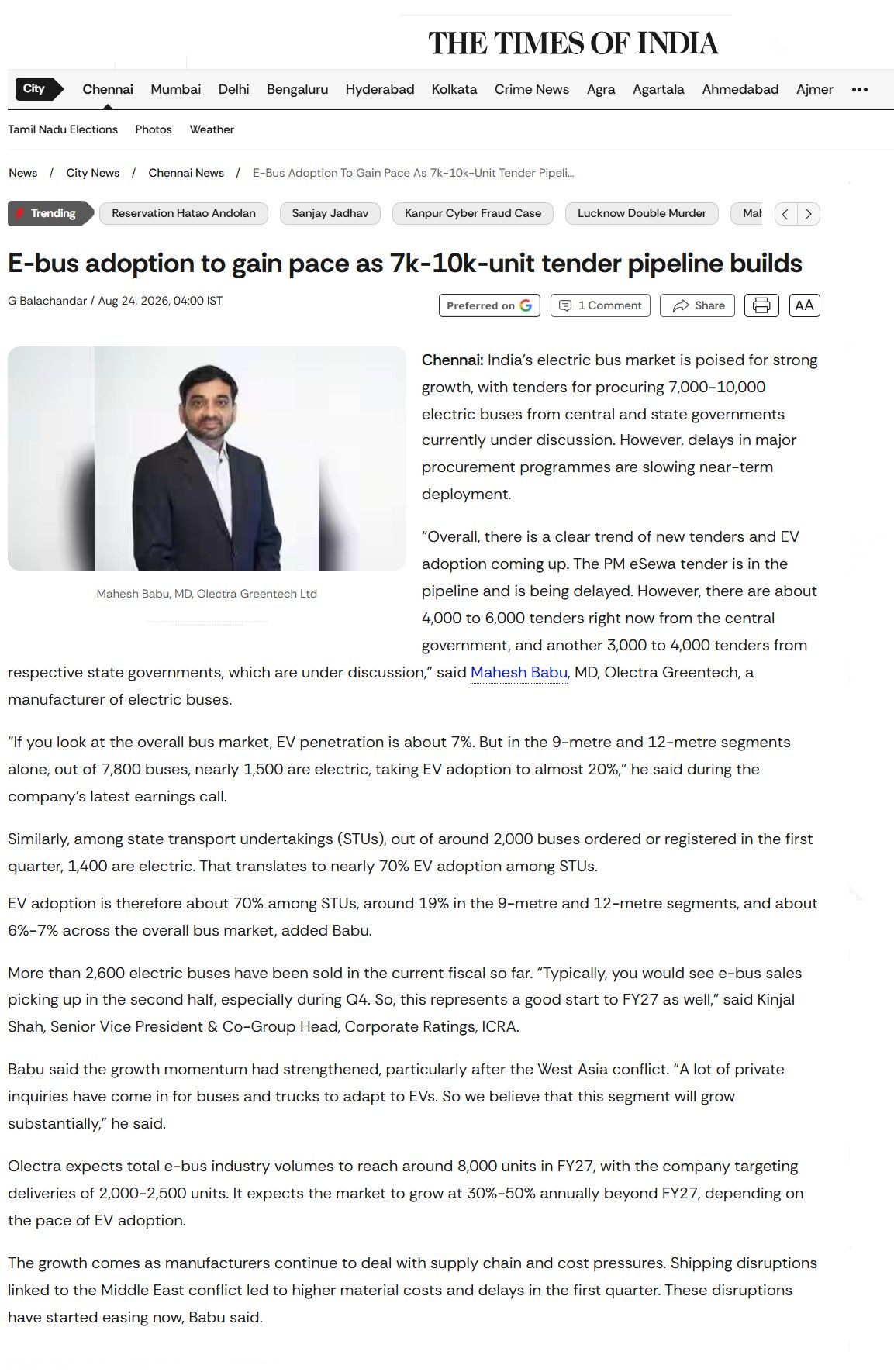 E-bus adoption to gain pace as 7k-10k-unit tender pipeline builds